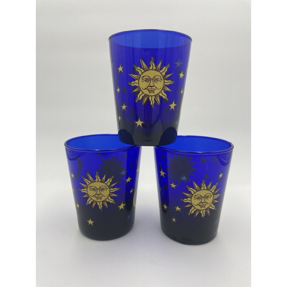Vtg Libbey Celestial Cobalt Blue Glasses Set  3 Sun Moon Stars Whimsigoth 4.25"T
